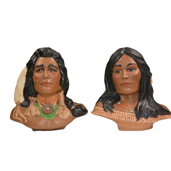 Vintage Native Americans Ceramic Head Bust Statues Hand Painted 11" H x 11" W - Picture 1 of 7
